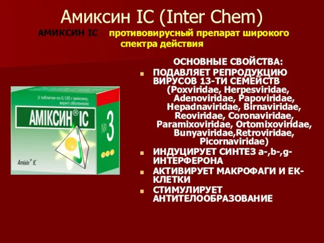Амиксин IC (Inter Chem) АМИКСИН IC – противовирусный препарат широкого спектра