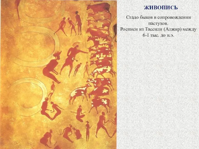 ЖИВОПИСЬ Стадо быков в сопровождении пастухов. Росписи из Тассили (Алжир) между 6-1 тыс. до н.э.