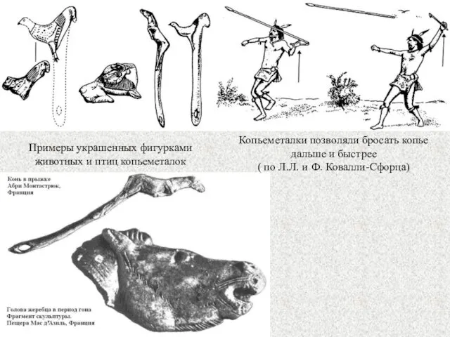 Примеры украшенных фигурками животных и птиц копьеметалок Копьеметалки позволяли бросать копье