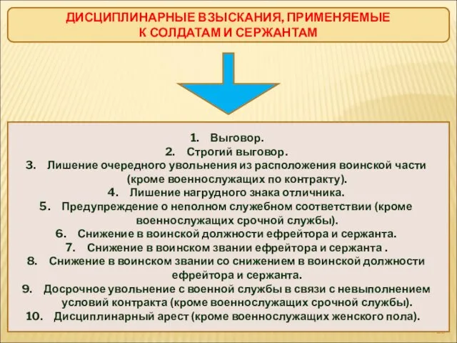 ДИСЦИПЛИНАРНЫЕ ВЗЫСКАНИЯ, ПРИМЕНЯЕМЫЕ К СОЛДАТАМ И СЕРЖАНТАМ Выговор. Строгий выговор. Лишение