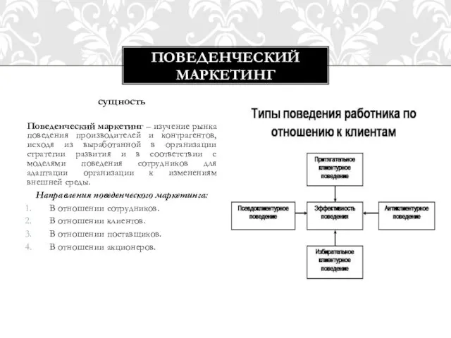 Поведенческий маркетинг – изучение рынка поведения производителей и контрагентов, исходя из