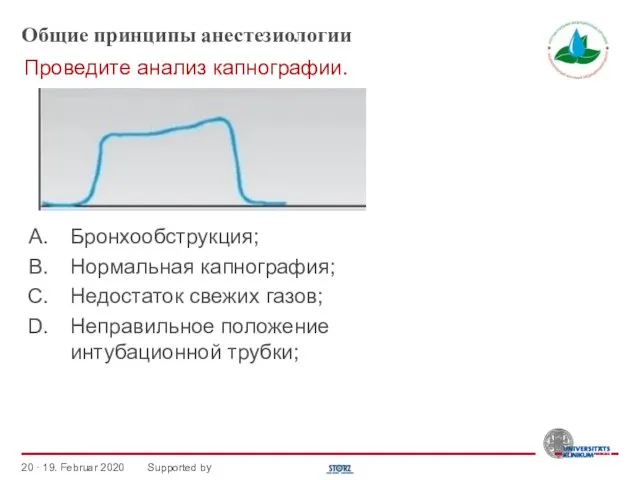 Общие принципы анестезиологии Бронхообструкция; Нормальная капнография; Недостаток свежих газов; Неправильное положение