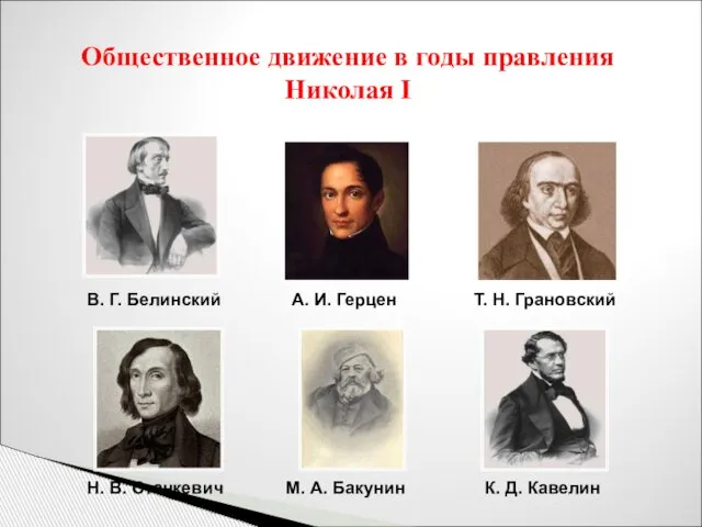 Общественное движение в годы правления Николая I В. Г. Белинский А.