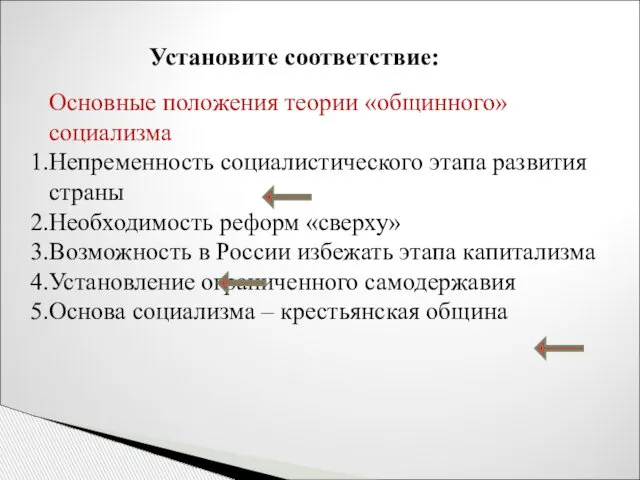 Установите соответствие: Основные положения теории «общинного» социализма Непременность социалистического этапа развития