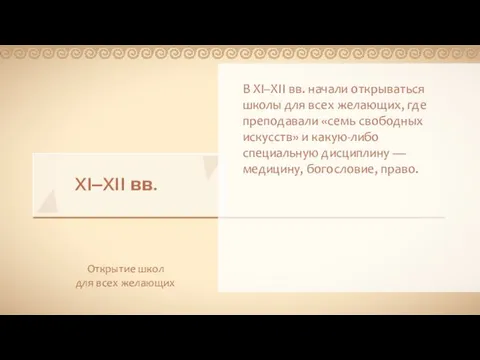 XI‒XII вв. Открытие школ для всех желающих В XI–XII вв. начали