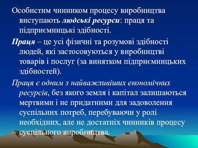 Особистим чинником процесу виробництва виступають людські ресурси: праця та підприємницькі здібності.