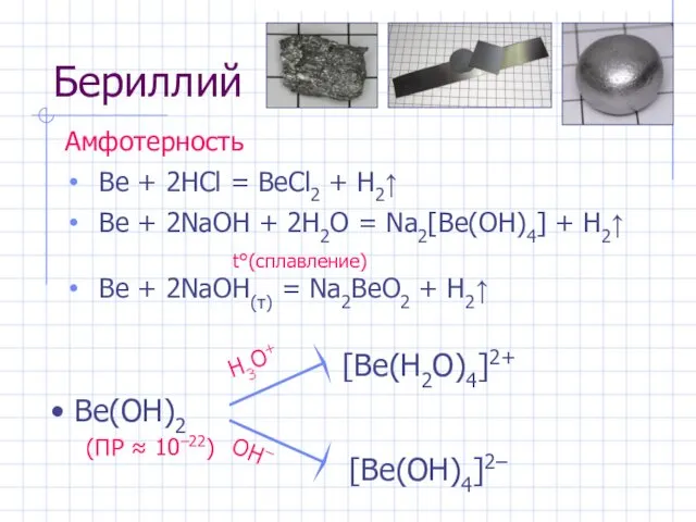 Бериллий Амфотерность Be + 2HCl = BeCl2 + H2↑ Be +