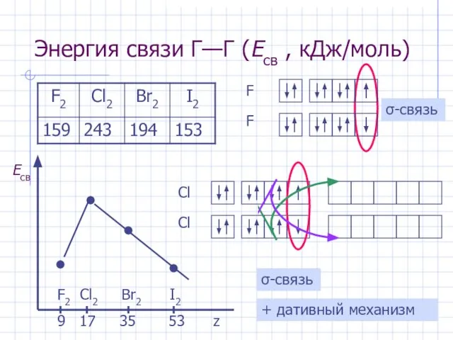 Энергия связи Г—Г (Eсв , кДж/моль) F2 Cl2 Br2 I2 9