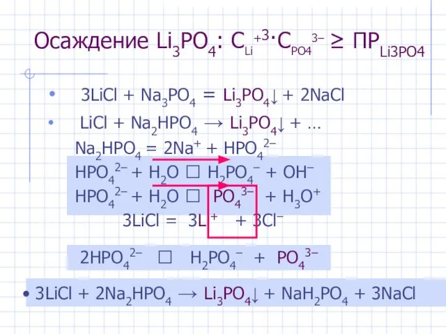 Осаждение Li3PO4: CLi+3·CPO43– ≥ ПРLi3PO4 3LiCl + Na3PO4 = Li3PO4↓ +