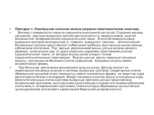 Препарат 1. Околоушная слюнная железа (окраска гематоксилином-эозином). Железа с поверхности покрыта