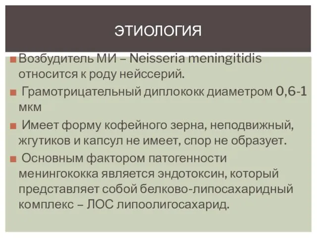 Возбудитель МИ – Neisseria meningitidis относится к роду нейссерий. Грамотрицательный диплококк