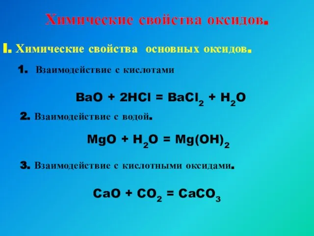 Химические свойства оксидов. I. Химические свойства основных оксидов. 1. Взаимодействие с