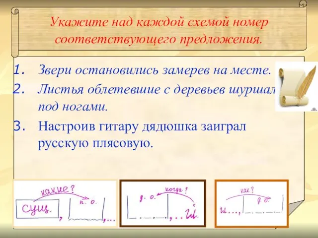 Укажите над каждой схемой номер соответствующего предложения. Звери остановились замерев на