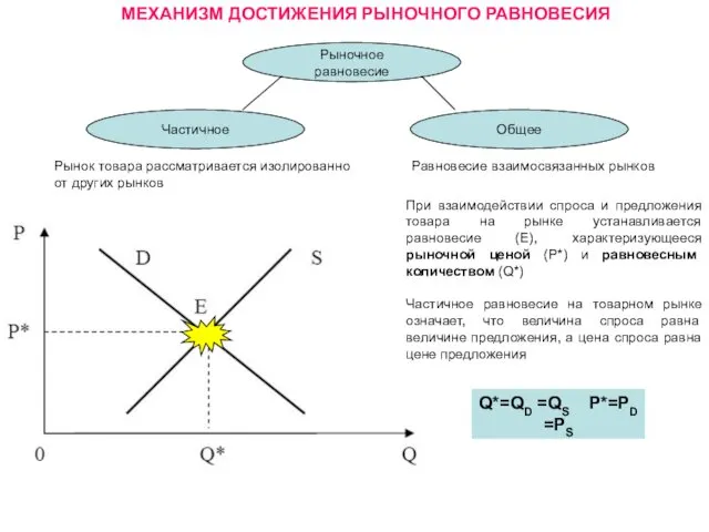 МЕХАНИЗМ ДОСТИЖЕНИЯ РЫНОЧНОГО РАВНОВЕСИЯ Рыночное равновесие Частичное Общее Рынок товара рассматривается