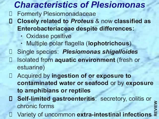 Characteristics of Plesiomonas Formerly Plesiomonadaceae Closely related to Proteus & now