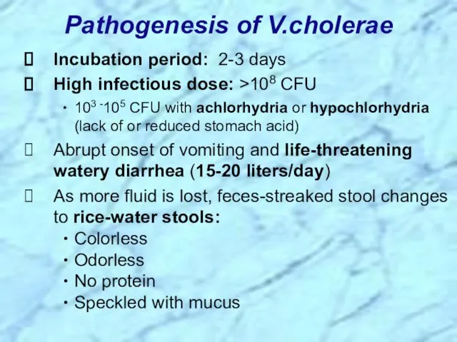 Pathogenesis of V.cholerae Incubation period: 2-3 days High infectious dose: >108