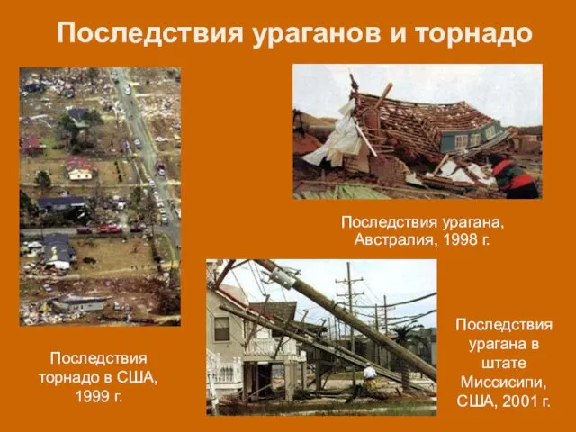 Последствия ураганов и торнадо Последствия торнадо в США, 1999 г. Последствия