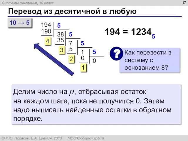 Перевод из десятичной в любую 194 194 = 12345 10 →