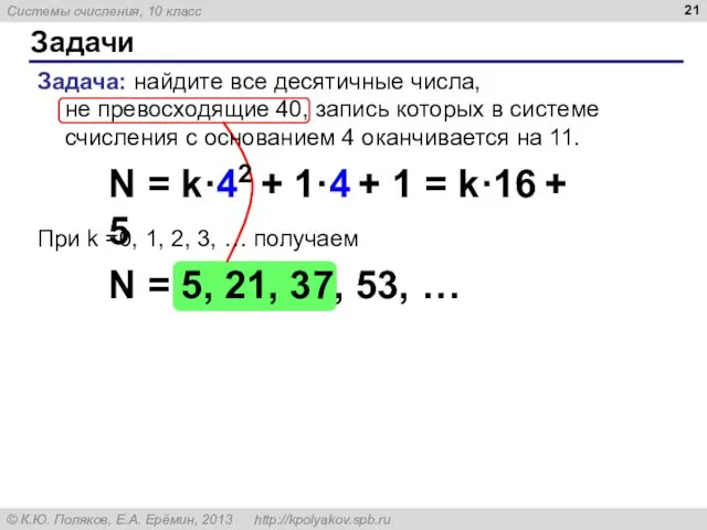 Задачи Задача: найдите все десятичные числа, не превосходящие 40, запись которых