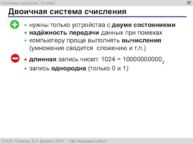 Двоичная система счисления длинная запись чисел: 1024 = 100000000002 запись однородна