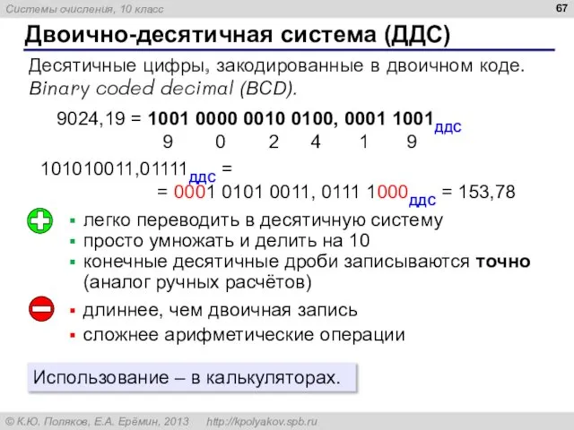 Двоично-десятичная система (ДДС) Десятичные цифры, закодированные в двоичном коде. Вinary coded