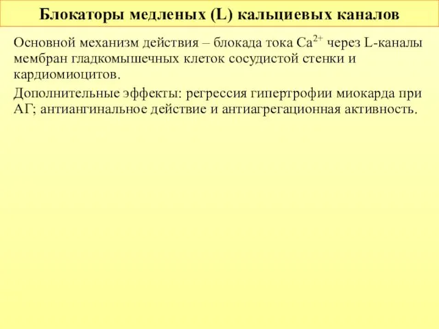 Блокаторы медленых (L) кальциевых каналов Основной механизм действия – блокада тока