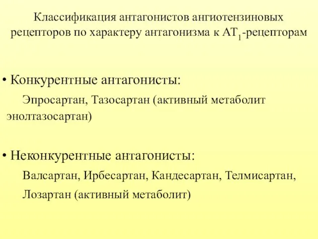 Классификация антагонистов ангиотензиновых рецепторов по характеру антагонизма к АТ1-рецепторам Конкурентные антагонисты: