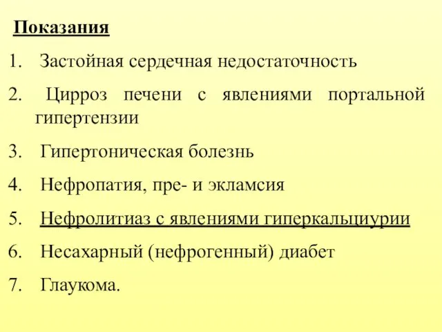 Показания Застойная сердечная недостаточность Цирроз печени с явлениями портальной гипертензии Гипертоническая