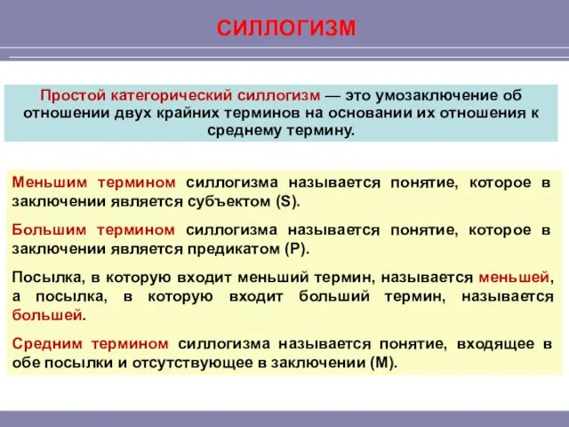 СИЛЛОГИЗМ Простой категорический силлогизм — это умозаключение об отношении двух крайних