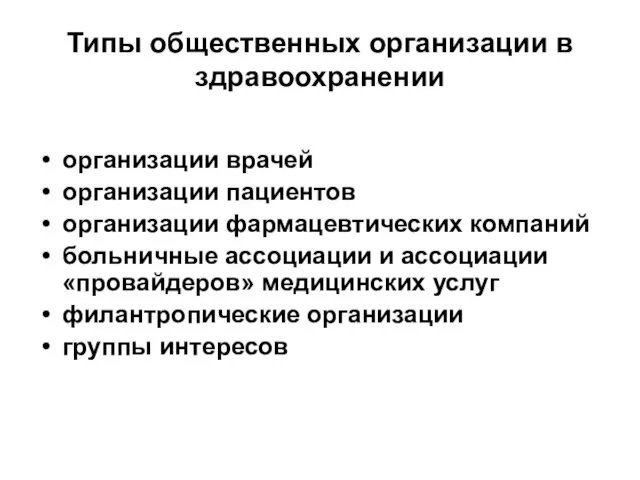 Типы общественных организации в здравоохранении организации врачей организации пациентов организации фармацевтических