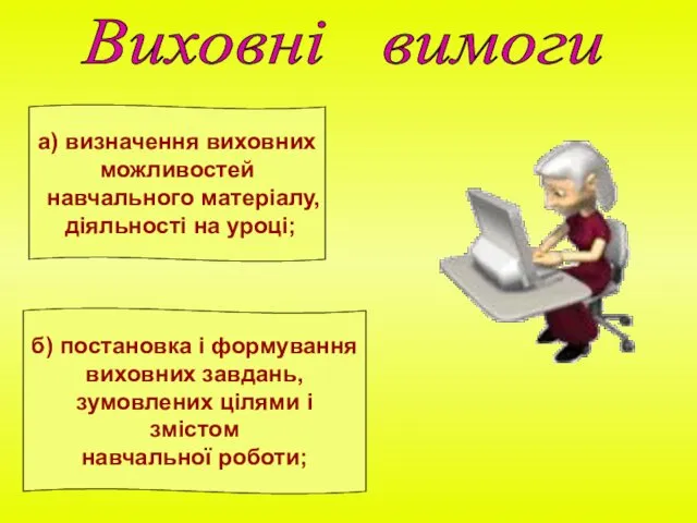 Виховні вимоги а) визначення виховних можливостей навчального матеріалу, діяльності на уроці;