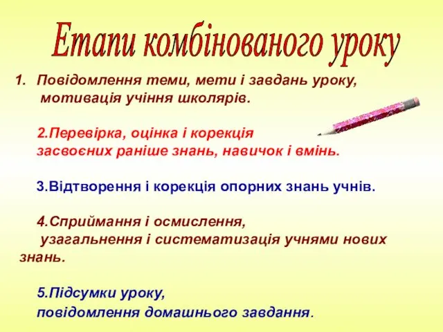 Повідомлення теми, мети і завдань уроку, мотивація учіння школярів. 2.Перевірка, оцінка