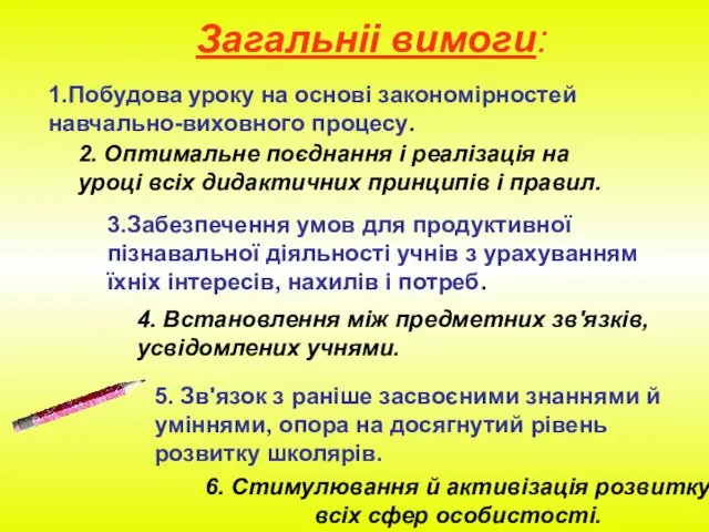 6. Стимулювання й активізація розвитку всіх сфер особистості. Загальніі вимоги: 1.Побудова