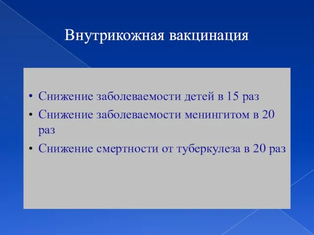 Внутрикожная вакцинация Снижение заболеваемости детей в 15 раз Снижение заболеваемости менингитом