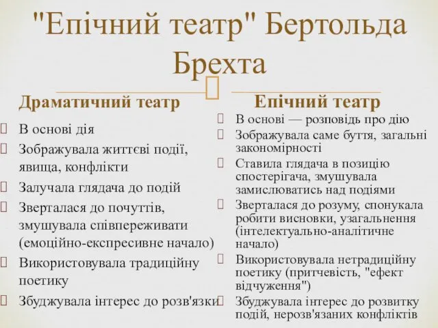 "Епічний театр" Бертольда Брехта Драматичний театр В основі дія Зображувала життєві