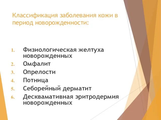 Классификация заболевания кожи в период новорожденности: Физиологическая желтуха новорожденных Омфалит Опрелости