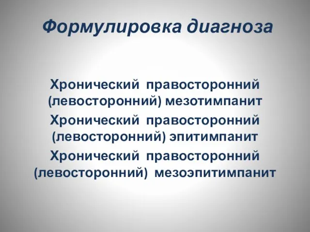 Формулировка диагноза Хронический правосторонний (левосторонний) мезотимпанит Хронический правосторонний (левосторонний) эпитимпанит Хронический правосторонний (левосторонний) мезоэпитимпанит