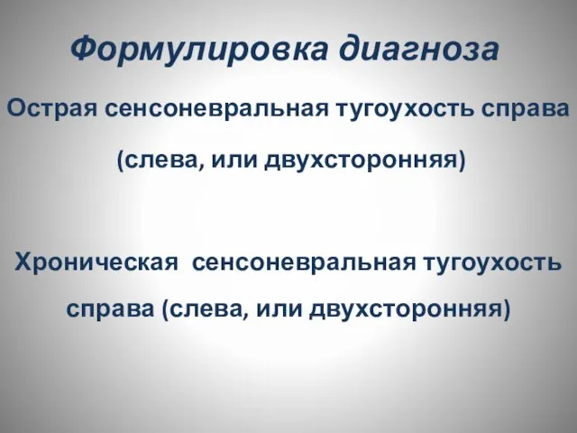 Формулировка диагноза Острая сенсоневральная тугоухость справа (слева, или двухсторонняя) Хроническая сенсоневральная тугоухость справа (слева, или двухсторонняя)