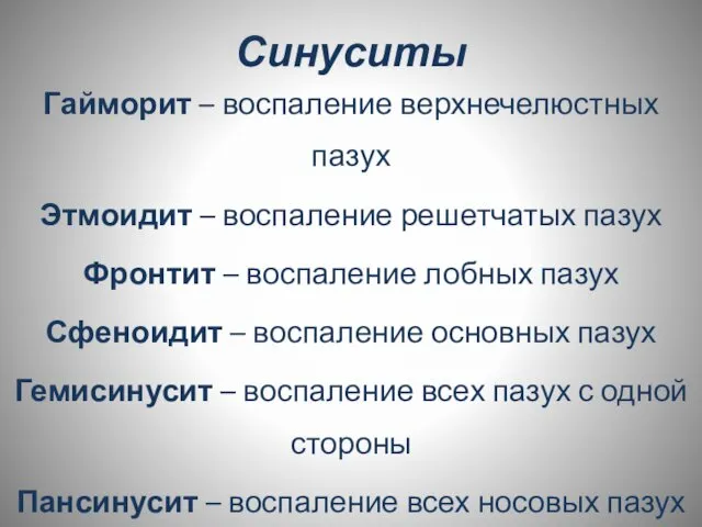 Синуситы Гайморит – воспаление верхнечелюстных пазух Этмоидит – воспаление решетчатых пазух