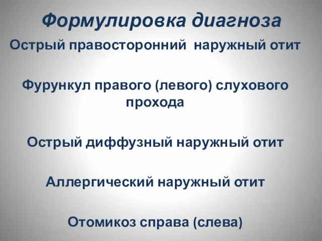 Формулировка диагноза Острый правосторонний наружный отит Фурункул правого (левого) слухового прохода