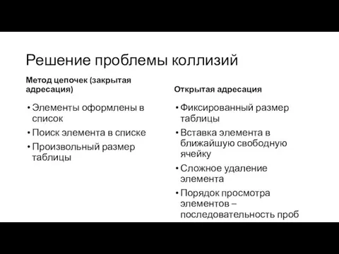 Решение проблемы коллизий Метод цепочек (закрытая адресация) Элементы оформлены в список