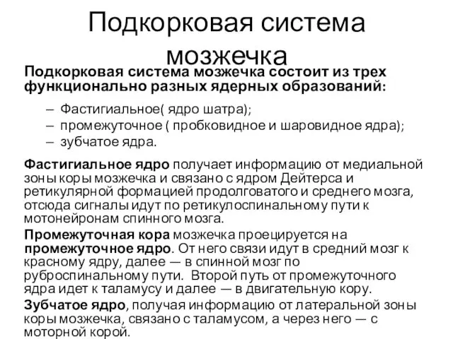 Подкорковая система мозжечка Подкорковая система мозжечка состоит из трех функционально разных