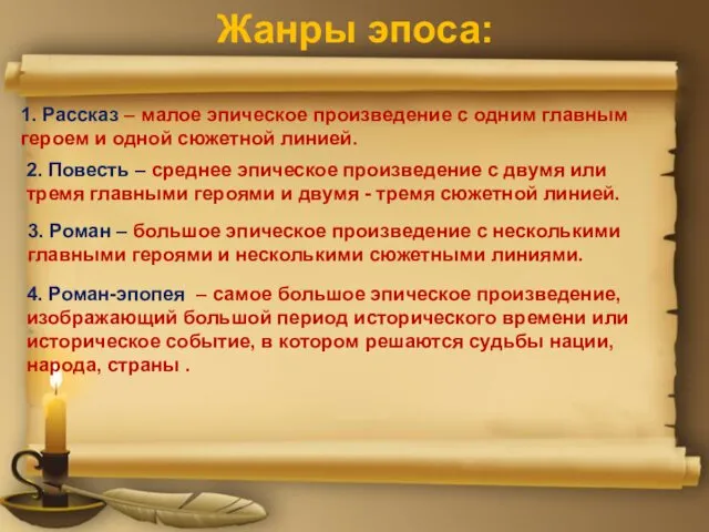 Жанры эпоса: 1. Рассказ – малое эпическое произведение с одним главным