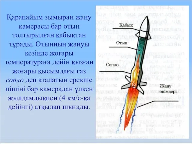 Қарапайым зымыран жану камерасы бар отын толтырылған қабықтан тұрады. Отынның жануы