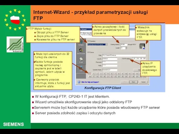 Internet-Wizard - przykład parametryzacji usługi FTP W konfiguracji FTP, CP243-1 IT