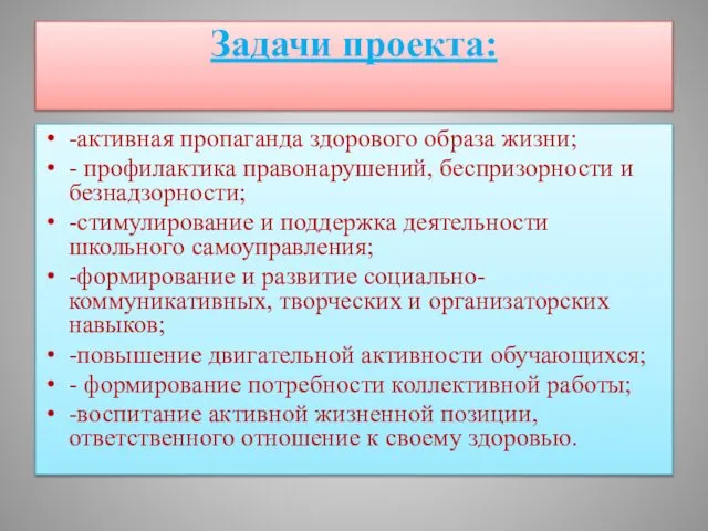 Задачи проекта: -активная пропаганда здорового образа жизни; - профилактика правонарушений, беспризорности