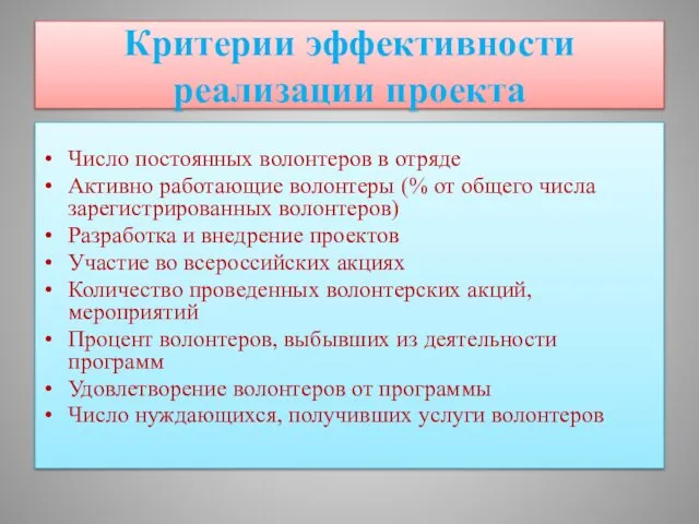 Критерии эффективности реализации проекта Число постоянных волонтеров в отряде Активно работающие