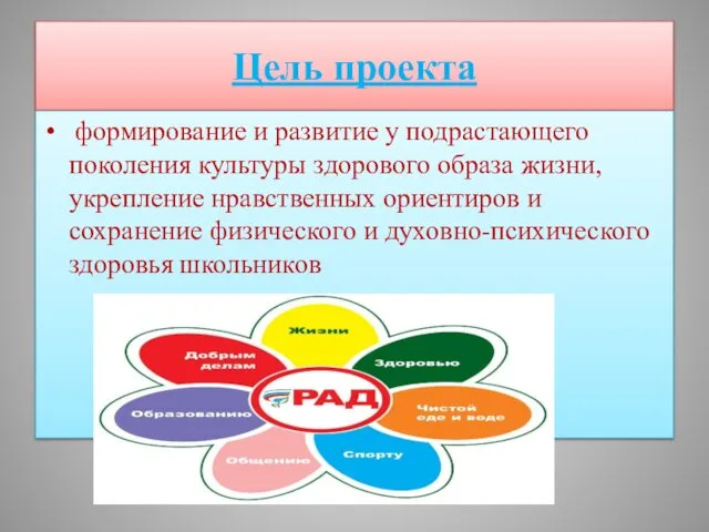 Цель проекта формирование и развитие у подрастающего поколения культуры здорового образа