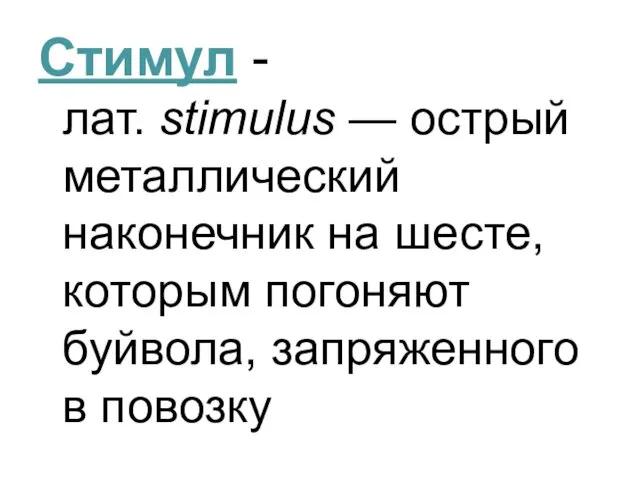 Стимул - лат. stimulus — острый металлический наконечник на шесте, которым погоняют буйвола, запряженного в повозку