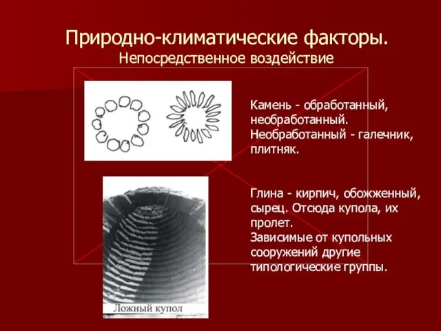 Природно-климатические факторы. Непосредственное воздействие Камень - обработанный, необработанный. Необработанный - галечник,